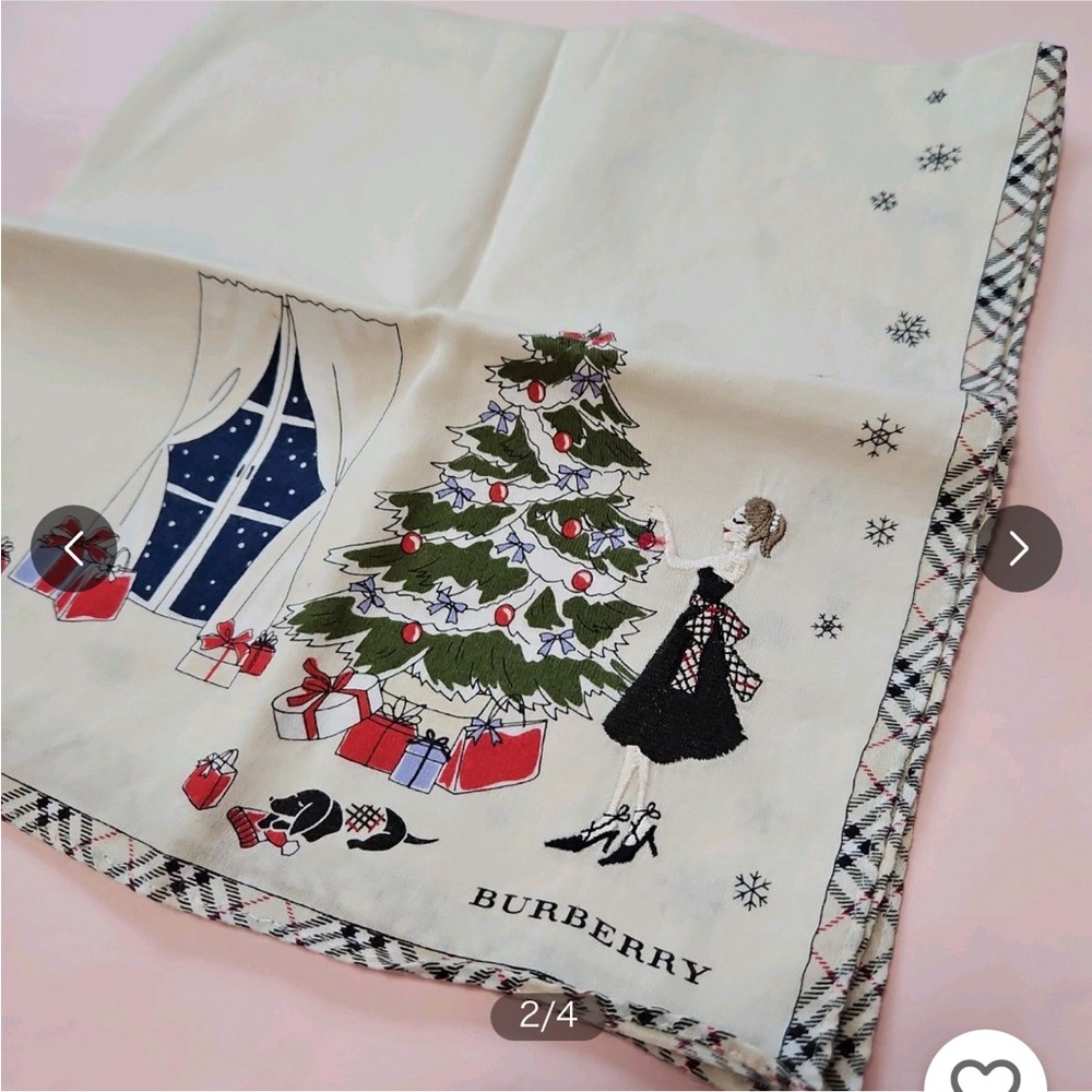 Burberry Unused Cotton Scarf Handkerchief Christmas Tree Check White Black